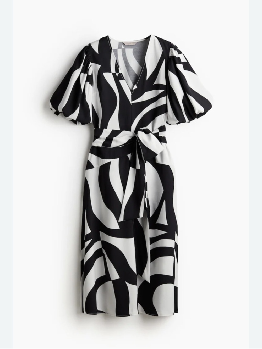 H&M Black and White Graphic Puff Sleeve Midi Dress XS *No Belt Strap